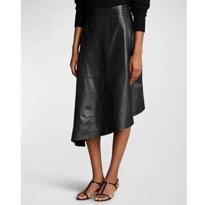 NEW Polo Ralph Lauren Black 100% Lambs Leather Asymmetric Midi Skirt Size 4 NWT